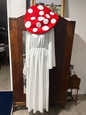 Red Mushroom Costume with White Polka Dot Cap and White Dress